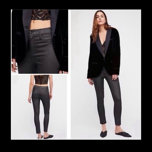 Free People x We The Free High Rise Coated Skinny Jeans Black 25 raw-cut hem - Picture 1 of 15